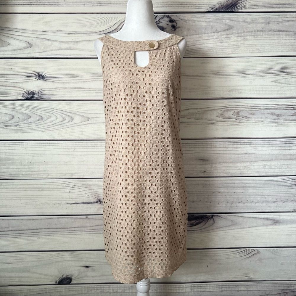 White House Black Market Tan Eyelet Keyhole Shift Dress